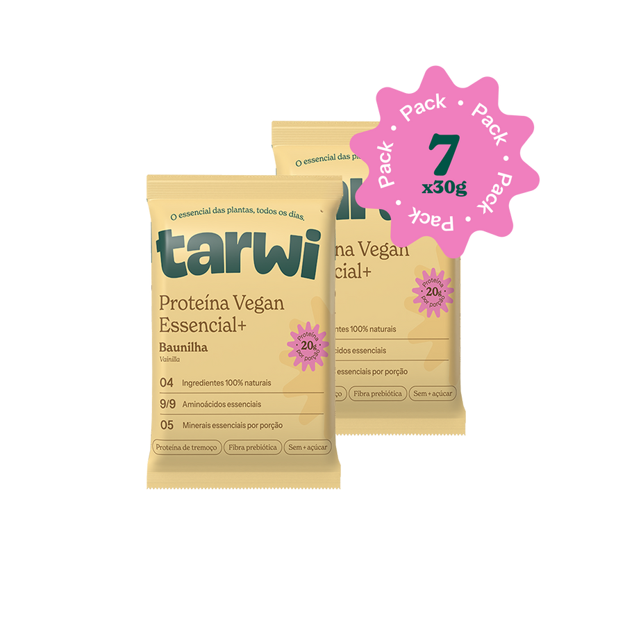 Proteína Essencial Tarwi sabor baunilha caixa com 7 saquetas de 30 g de proteína de tremoço