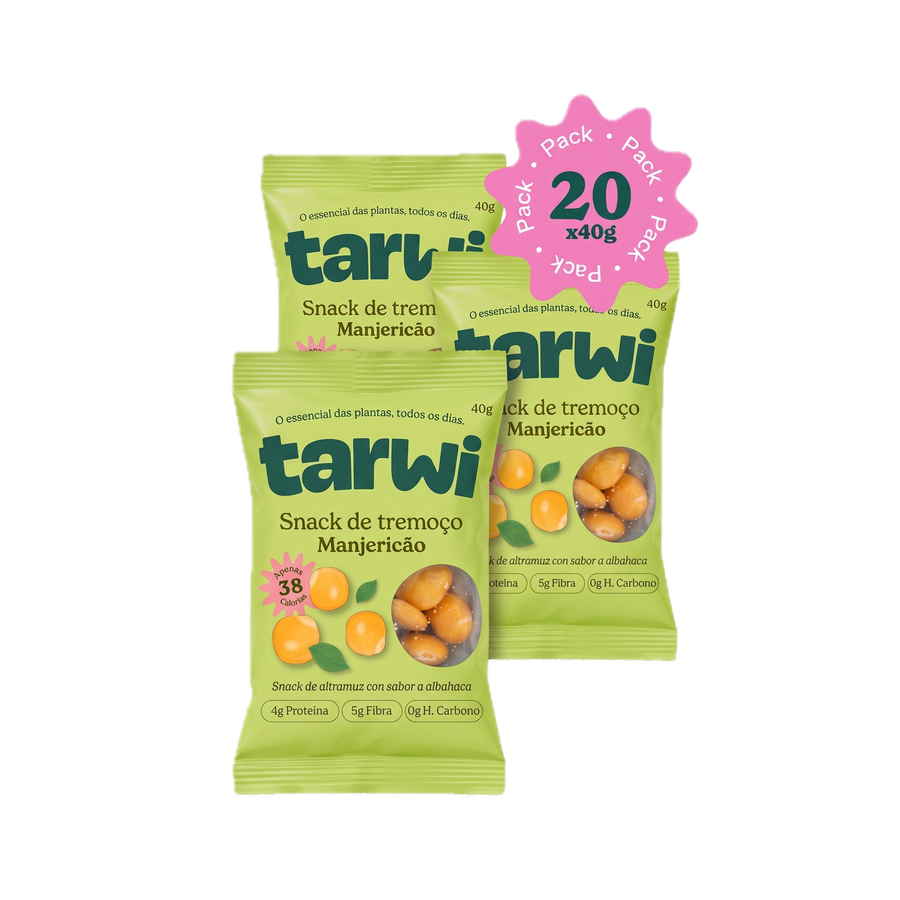 Snacking Lupins Tarwi sabor manjericão pack com 20 embalagens de 40 g de snack de tremoço